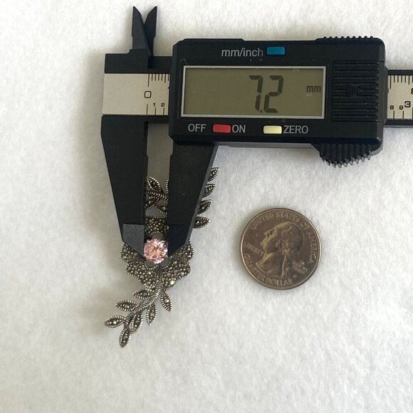 VTG Sterling Silver 925 Marcasite & Round Pink CZ Flower Leaf Foliage Brooch - Picture 14 of 16